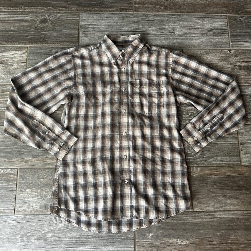 Wrangler Riata Kids Plaid Button Down Shirt Long Sleeve‎ Casual Brown Beige XL